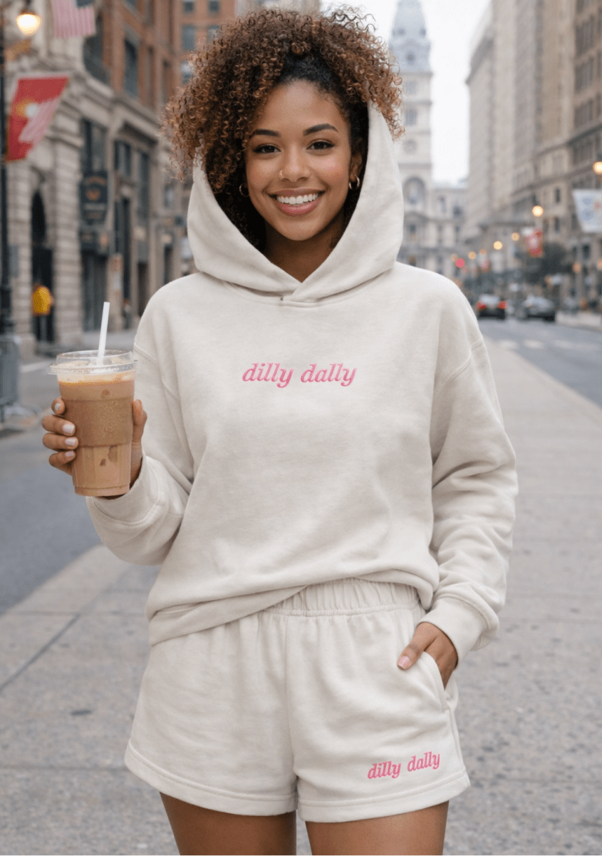 Embroidered 'Dilly Dally' Cloud Hoodie & Shorts Set