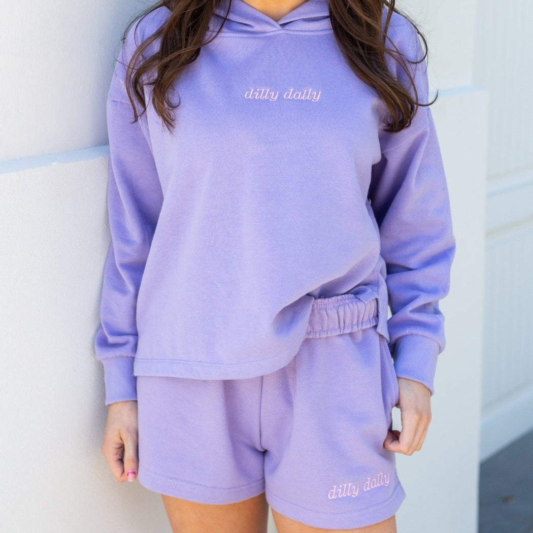 Embroidered 'Dilly Dally' Cloud Hoodie & Shorts Set