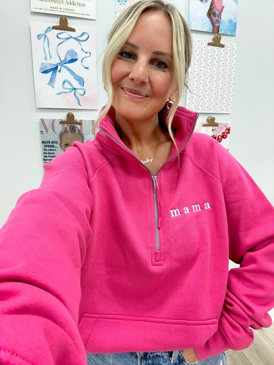 Embroidered 'Mama' Pocket Quarter Zip Sweatshirt
