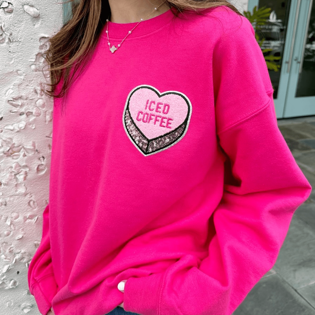 'Iced Coffee Candy Heart' Letter Patch Crewneck Sweatshirt