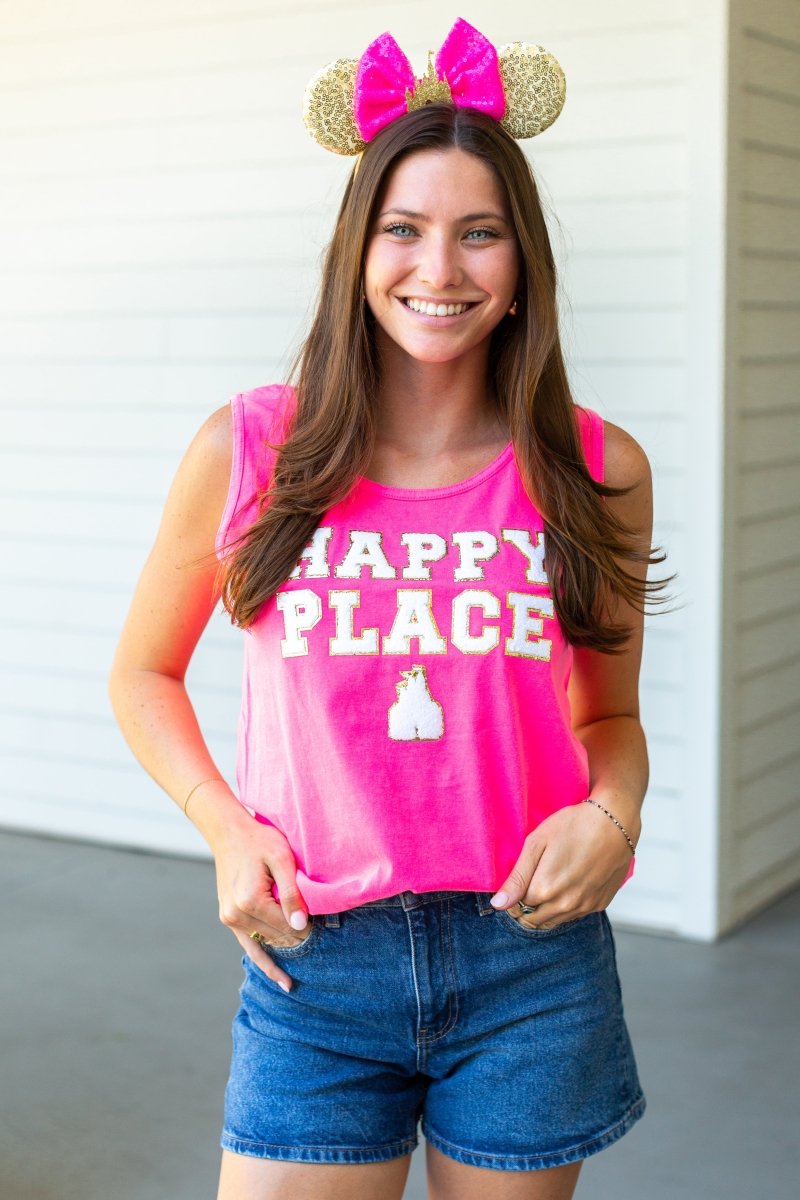 Letter Patch 'Happy Place' Neon Tank Top