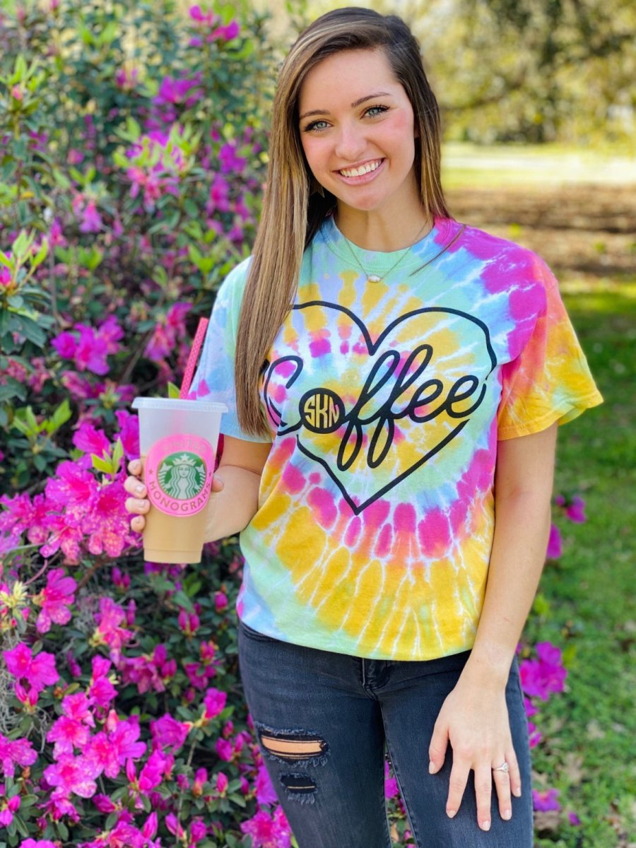 Monogrammed 'Coffee Heart' Tie Dye T-Shirt
