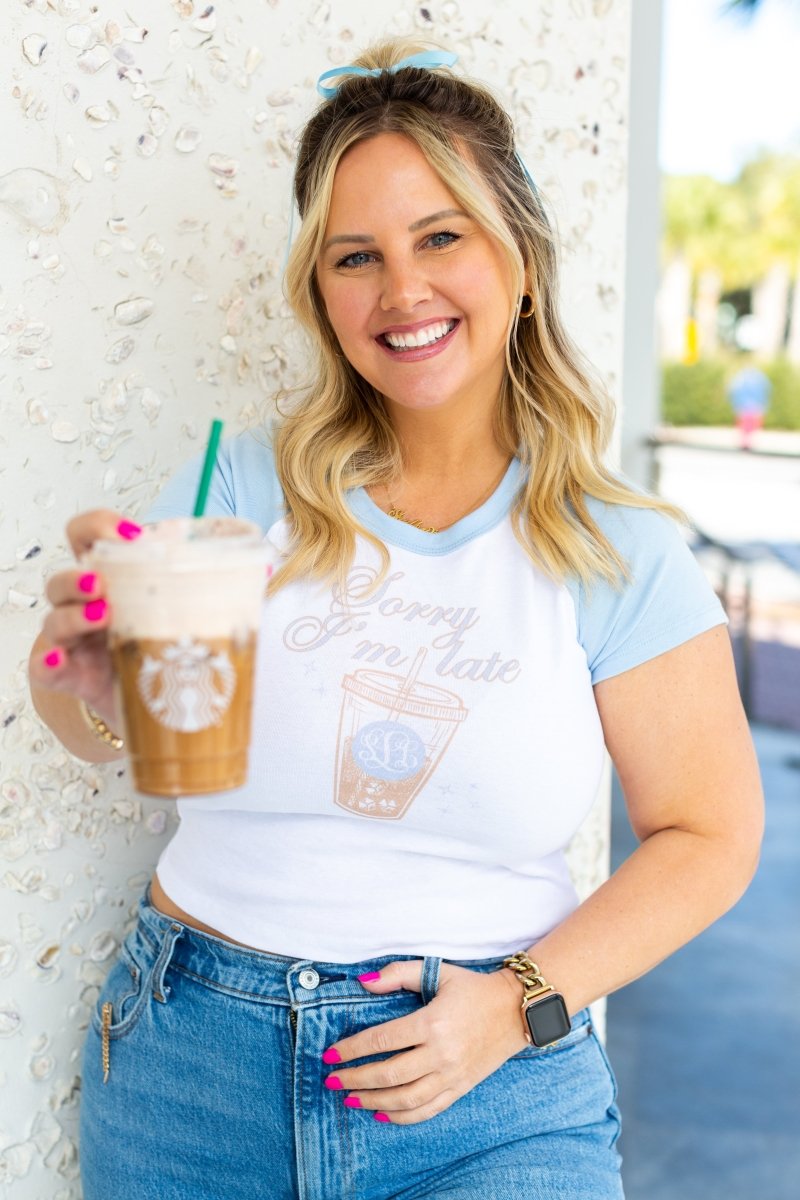 Monogrammed 'Sorry I'm Late' Raglan Baby Tee