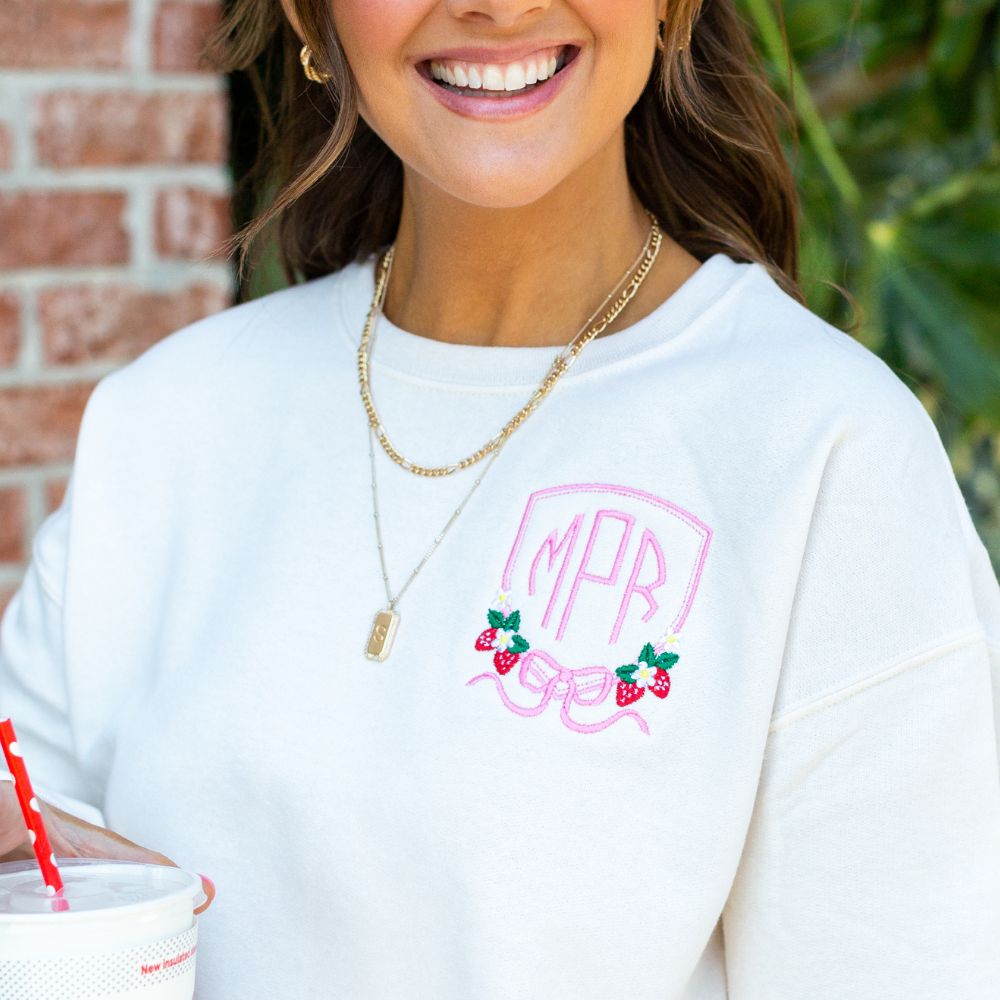 Monogrammed 'Strawberry Bow Crest' Crewneck Sweatshirt